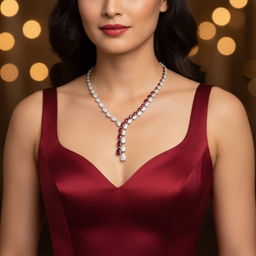 Pear Shape Ruby and Diamond Cross-over Necklace - Image 2