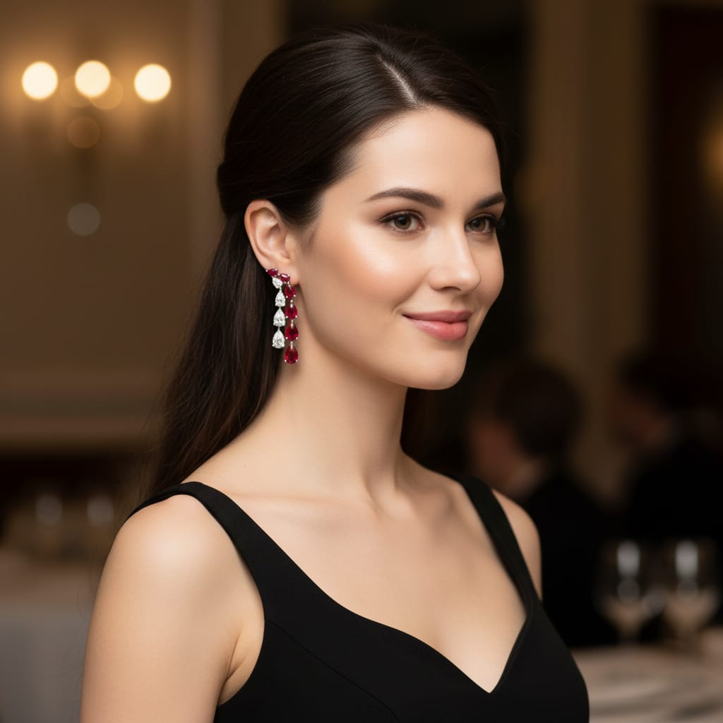 Pear Shape Ruby and Diamond Earrings - Image 2