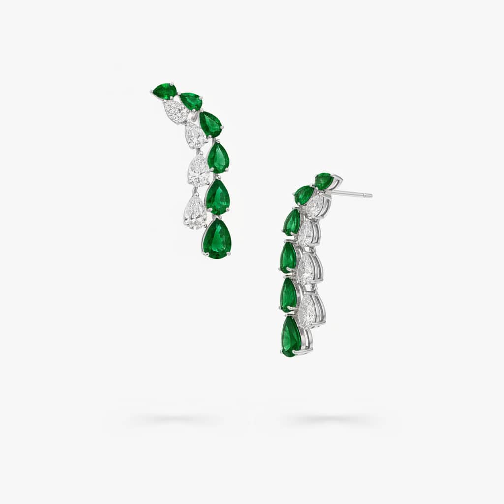 Pear Shape Emerald and Diamond Earrings - Image 2