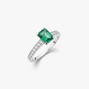 Flame Emerald Cut Emerald and Diamond Engagement Ring