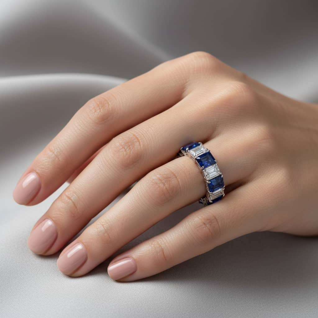 Emerald Cut Sapphire and Diamond Wedding Band - Image 2